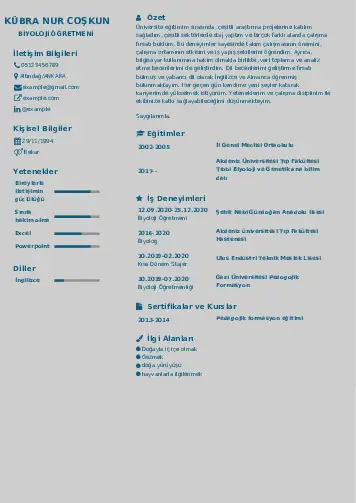 Biyoloji Öğretmeni CV Örnekleri cv indir